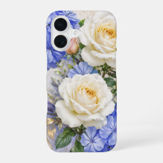 Witte olifant roos en blauwe bloemige telefoonhoes iPhone 16 hoesje