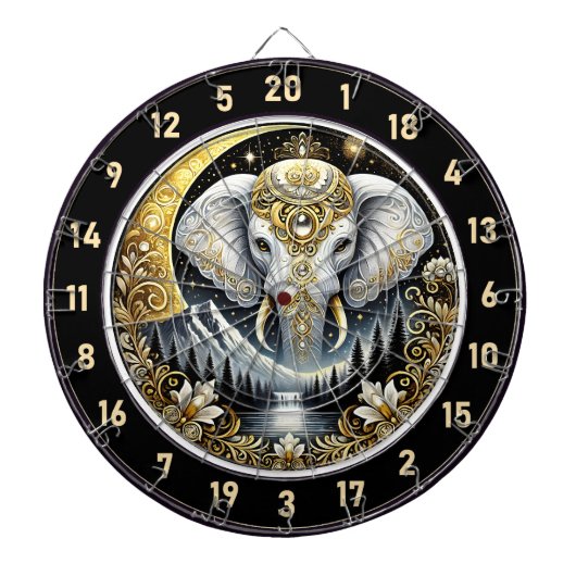 Witte olifant schittert onder gouden maan dartbord (Voorkant)