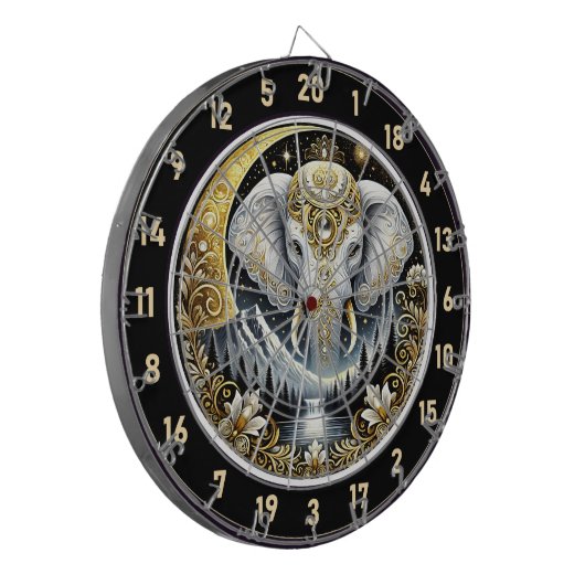 Witte olifant schittert onder gouden maan dartbord (Voorkant Links)