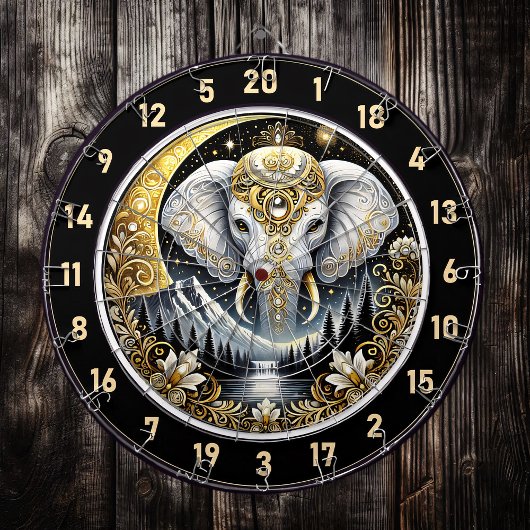 Witte olifant schittert onder gouden maan dartbord