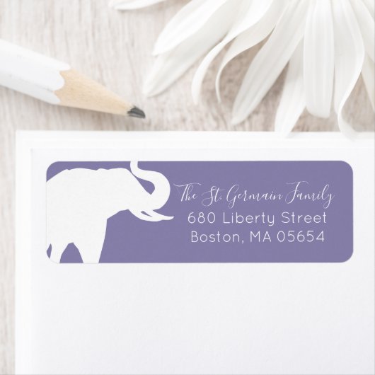 Witte Olifant Silhouet Retouradres Paars Etiket (Insitu)