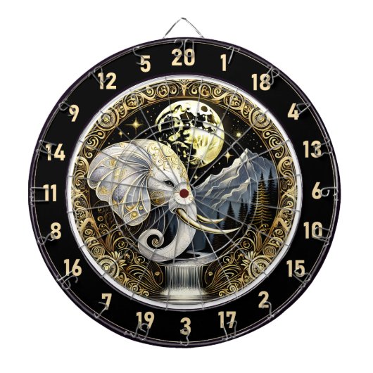 Witte olifant staat onder gouden maan dartbord (Voorkant)