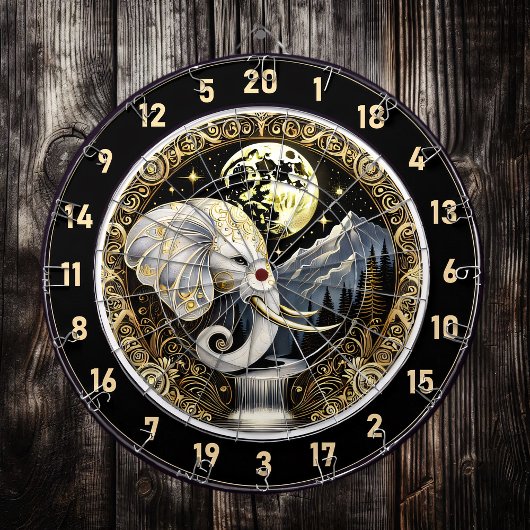 Witte olifant staat onder gouden maan dartbord