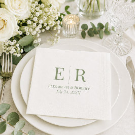 Witte & Olijfgroene Minimalistische Monogram Trouw Servet