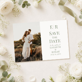 Witte & Olijfgroene Monogram Foto Save the Date Ka Kaart