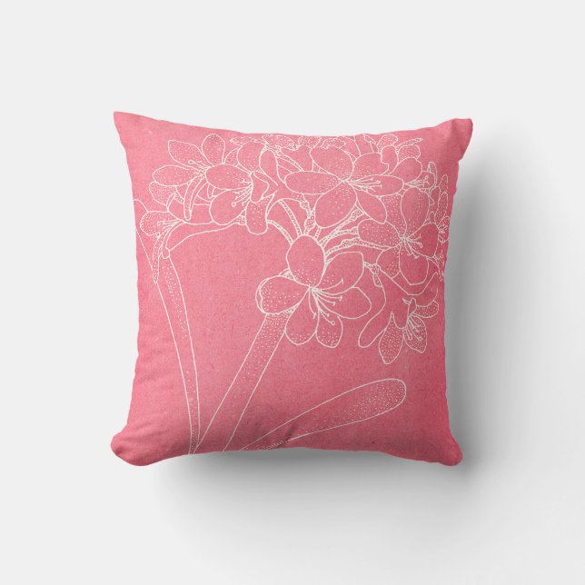 Witte omtrek van een grote bloem op roze kussen (Voorkant)