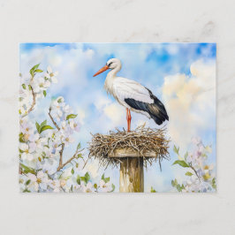 Witte ooievaar op een nest in de lente waterverf s briefkaart