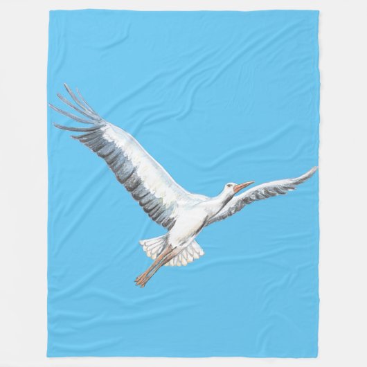 Witte ooievaar tegen blauwe achtergrond fleece deken (Voorkant)