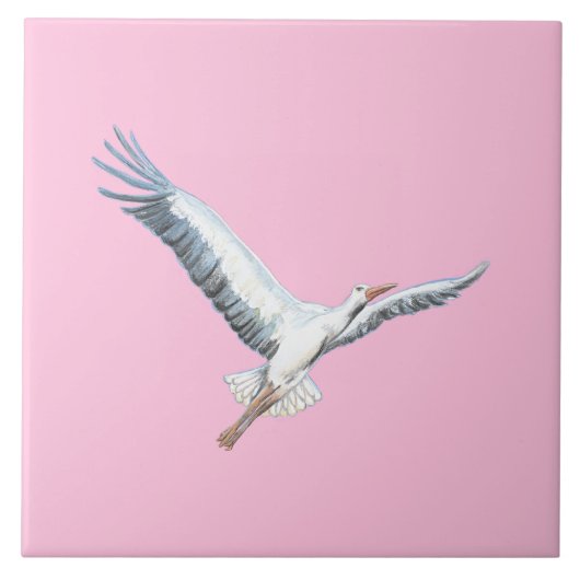 Witte ooievaar vliegend pastel roze tegeltje (Voorkant)