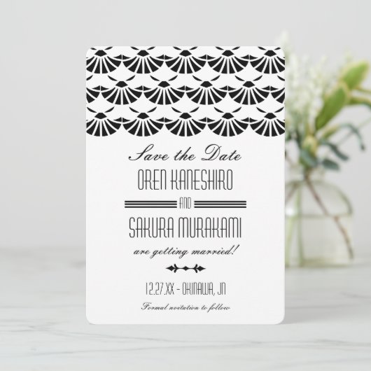 Witte Oosterse Art Deco-stijl Save The Date (Staand voorkant)