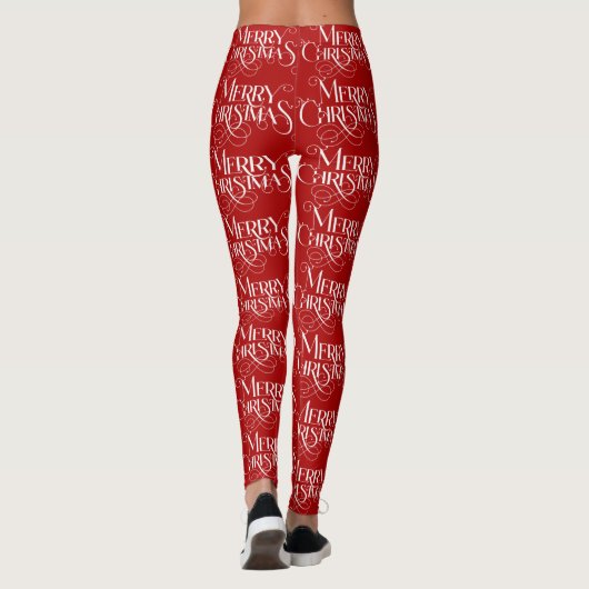 Witte op rode vrolijke kerst retro typografie leggings (Achterkant)