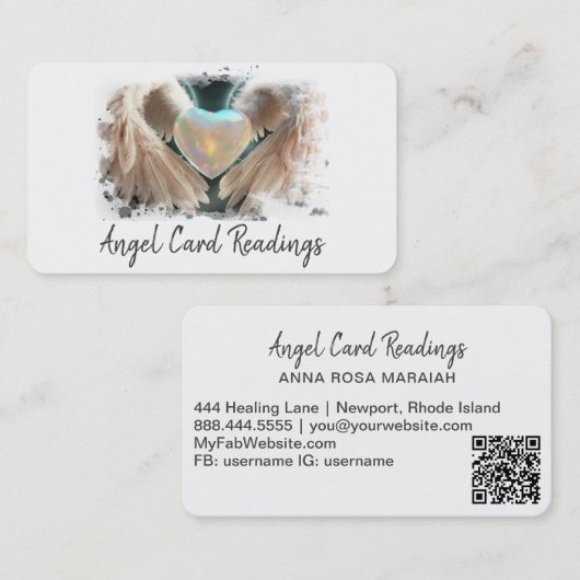*~* Witte Opal Hart Gouden Engel Vleugels AP78 QR Visitekaartje (Voorkant / Achterkant)