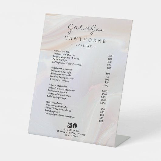 Witte Opal prijslijst Holografische Elegante Salon Reclamebord Met Voetstuk (Voorkant)