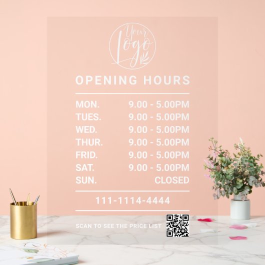 Witte openingstijden logo en qr code acryl bord (Huwelijk)