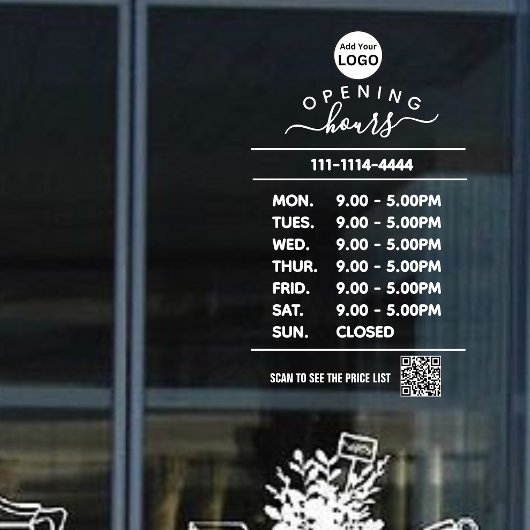 Witte openingstijden logo en qr code raamsticker