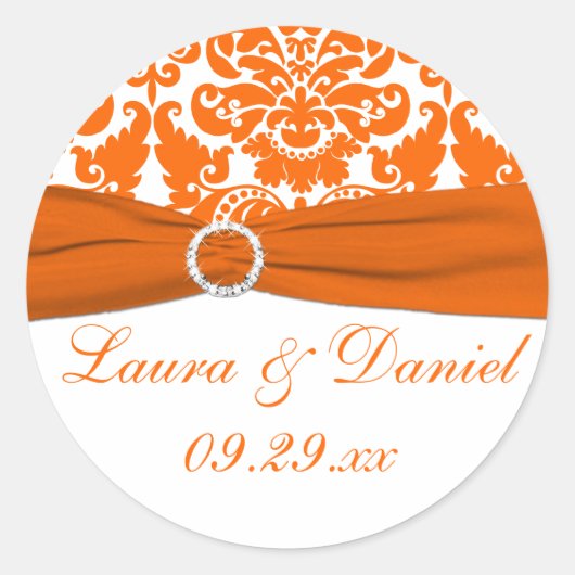 Witte, Oranje Damask bruiloft gunst Sticker (Voorkant)