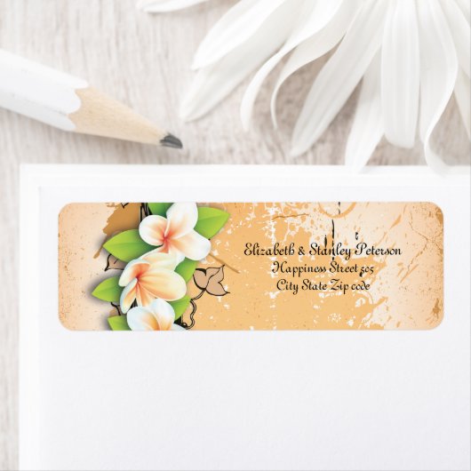  witte oranje plumeria, ivoren trouwlabel etiket (Insitu)