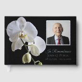 Witte orchidee bloem op zwarte begrafenis Memorial Gastenboek (Voorkant)