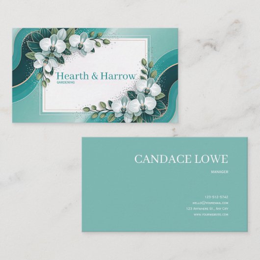 Witte orchidee bloemen Blauwgroen en goud Visitekaartje (Voorkant / Achterkant)