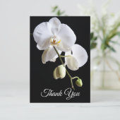 Witte orchidee bloemen op zwarte begrafenis sympat bedankkaart (Staand voorkant)