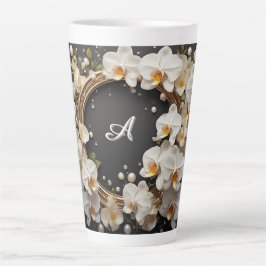 Witte Orchidee Bloemenkrans Met Parels en Goud Latte Mok