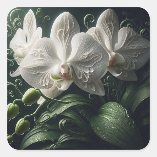 Witte orchidee bloemig vierkante sticker (Voorkant)