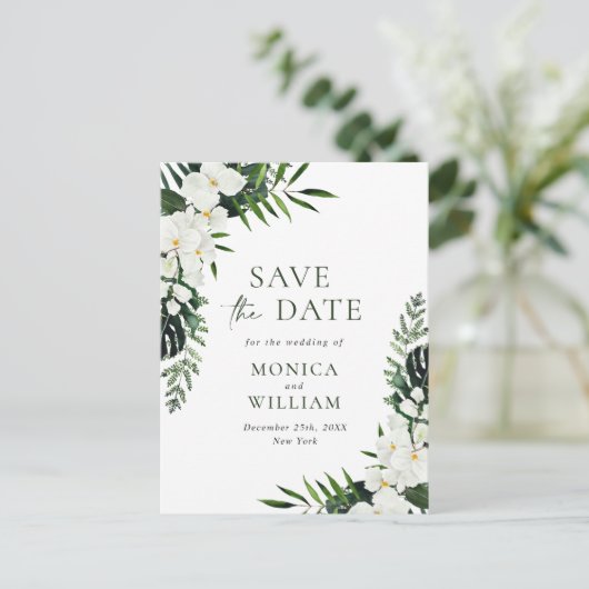 Witte Orchidee Bohemian Bloemen Bruiloft Save The  Briefkaart (Staand voorkant)