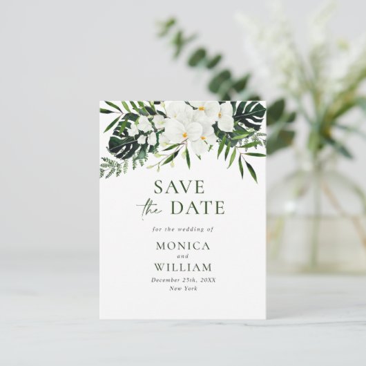 Witte Orchidee Bohemian Bloemen Bruiloft Save The  Briefkaart (Staand voorkant)