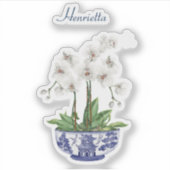 Witte Orchidee Chinoiserie met Naam Vinyl Sticker (Voorkant)