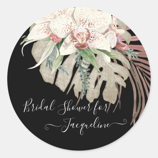 Witte Orchidee Elegant Zwart Khaki Bloemengroen Ronde Sticker (Voorkant)