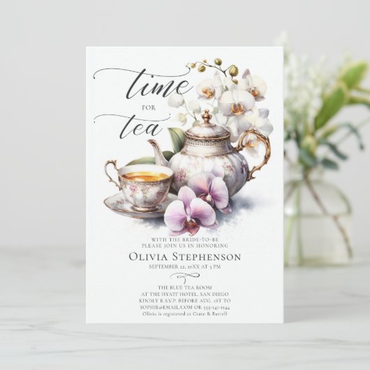 Witte orchidee elegante set chique bruids thee dou kaart (Staand voorkant)