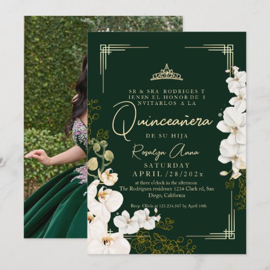 Witte orchidee Emerald Green Princess Quinceañera Kaart (Voorkant / Achterkant)