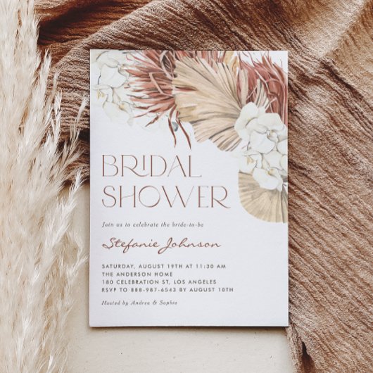 Witte Orchidee en Gedroogde Palm Boho Bruidsborrel Kaart
