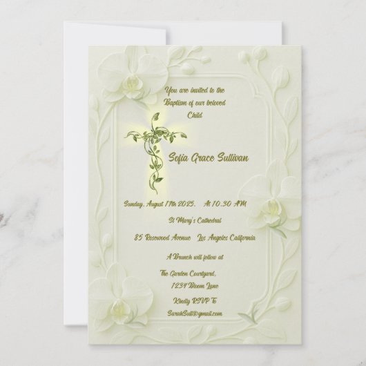 Witte orchidee en wijnstokken doop kaart (Voorkant)