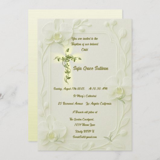 Witte orchidee en wijnstokken doop kaart (Voorkant / Achterkant)