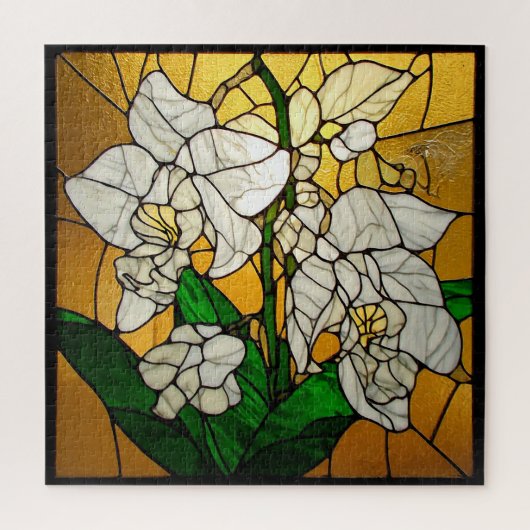 🤍 Witte Orchidee Gebrandschilderde Kunst Legpuzzel (Verticaal)