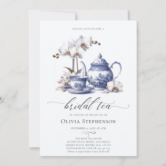 Witte Orchidee Hampton Toile Chic Bridal Tea Showe Kaart (Voorkant)