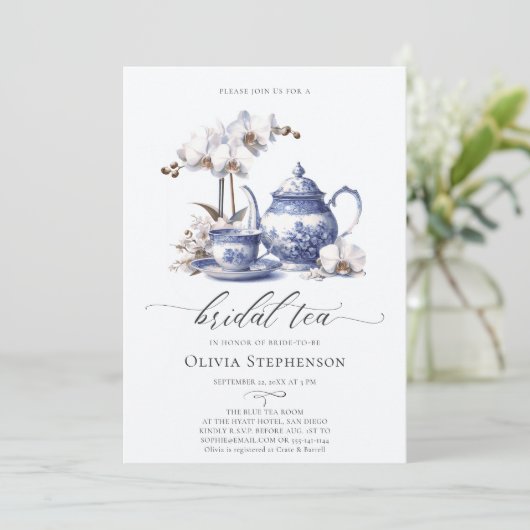 Witte Orchidee Hampton Toile Chic Bridal Tea Showe Kaart (Staand voorkant)