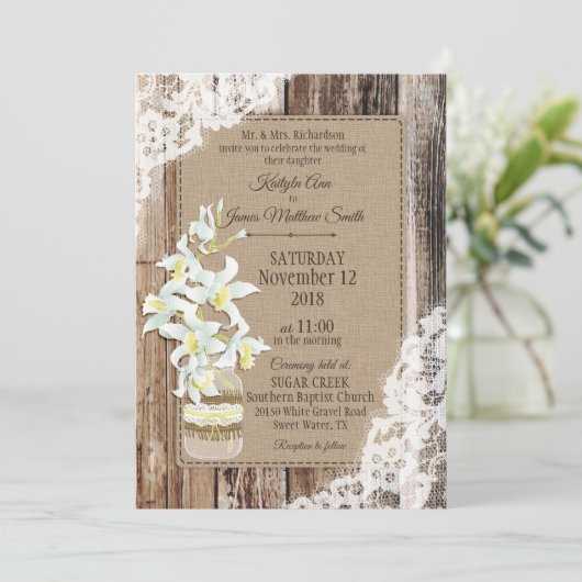 Witte orchidee houten kant rustieke bruiloft kaart (Staand voorkant)
