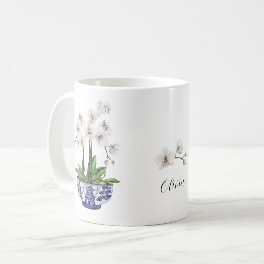 Witte Orchidee in Chinoiserie Bowl Keramiek Koffiemok (Voorkant links)