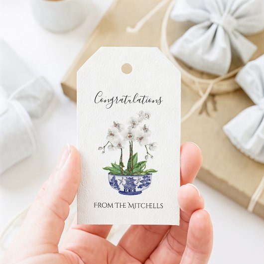 Witte orchidee in Chinoiserie-kom Cadeaulabel
