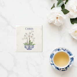 Witte Orchidee in Chinoiserie Kom Stenen Onderzetter