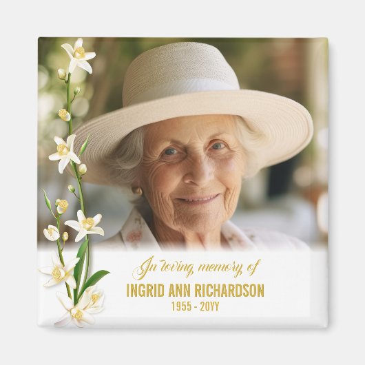 Witte orchidee lelie begrafenis foto magneet (Voorkant)