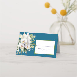 Witte orchidee Ocean Blue gevouwen Place Card Plaatskaartje