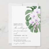 Witte orchidee op tropisch blad script bruiloft kaart (Voorkant)