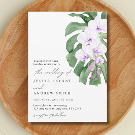 Witte orchidee op tropisch blad script bruiloft kaart
