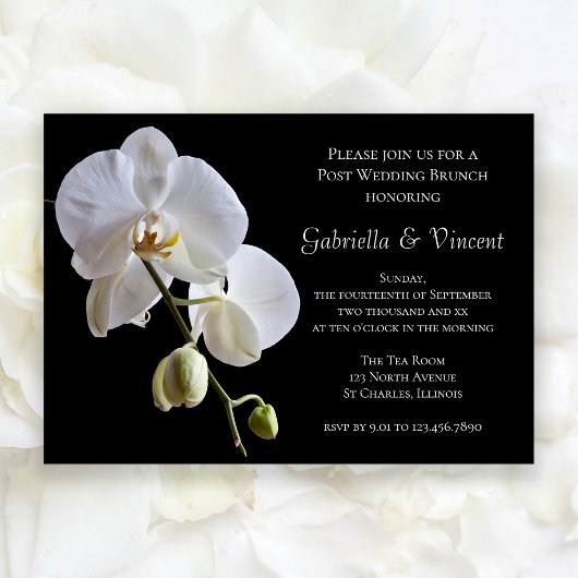 Witte Orchidee op Zwarte Achtergrond Bruiloft Brun Kaart