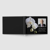 Witte orchidee op zwarte begrafenis herdenkingsfot gastenboek (Volledig)