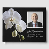Witte orchidee op zwarte begrafenis herdenkingsfot gastenboek (Voorkant)