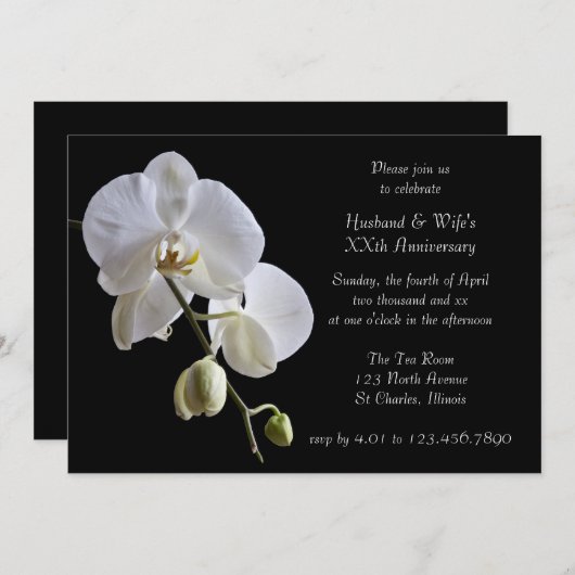 Witte Orchidee op Zwarte Uitnodiging voor Jubileum (Voorkant / Achterkant)